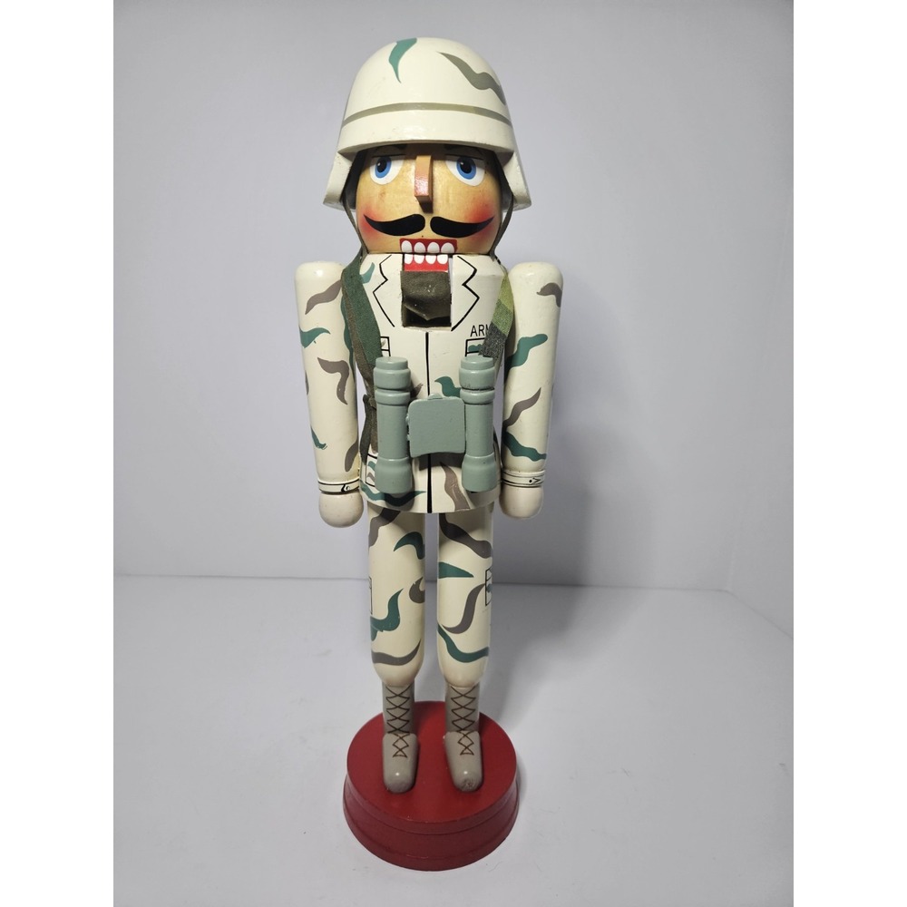 Military Army Soldier Wooden Nutcracker Camouflage Fatigue Binoculars Vintage